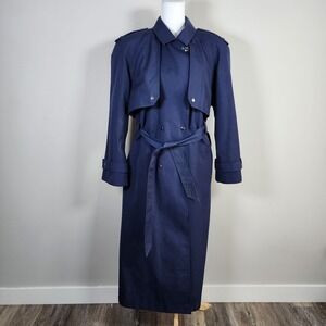 Vintage Trench Coat‎ Womens 9 10 Double Breasted Timeless Luxury Navy Blue 90s